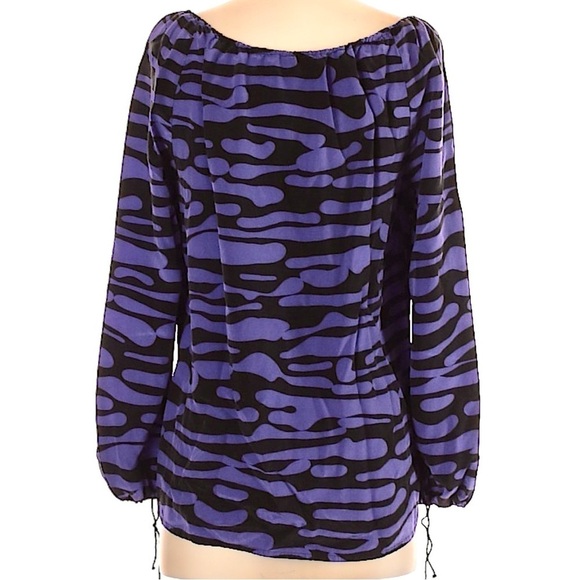 ANTHRO WHAT GOES AROUND COMES AROUND S Zebra Print Silk Blouse Black On Purple - Picture 9 of 9
